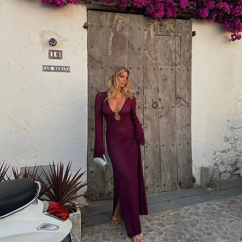 Crochet Maxi Dress – Long Sleeve Mesh Cover Up Dress with Deep Scoop Neck, Ring Detail Cutout and Sheer Open Knit Design