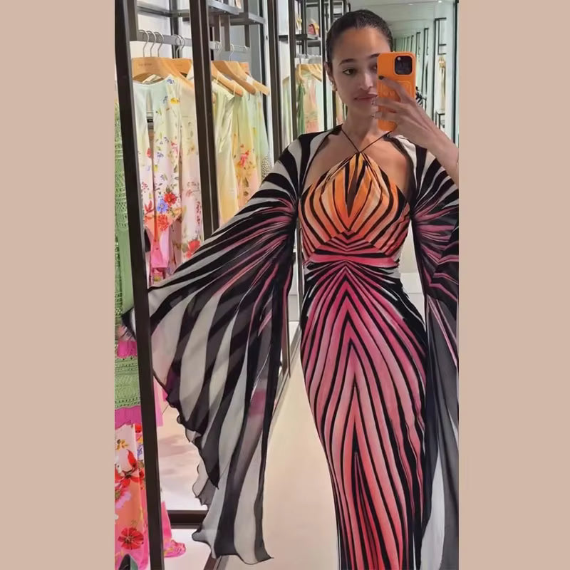 Printed Maxi Dress with Cape – Halter Neck Bodycon Gown with Abstract Stripes, Plunging Neckline and Flowing Shawl Overlay