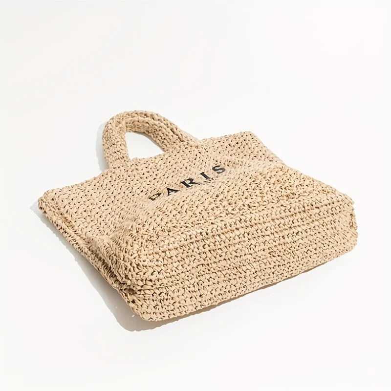 Woven Straw Tote Bag, Paris-Inspired Printed Handbag with Braided Handles, Spacious Summer Shoulder Purse for Beach, Travel & Everyday Use