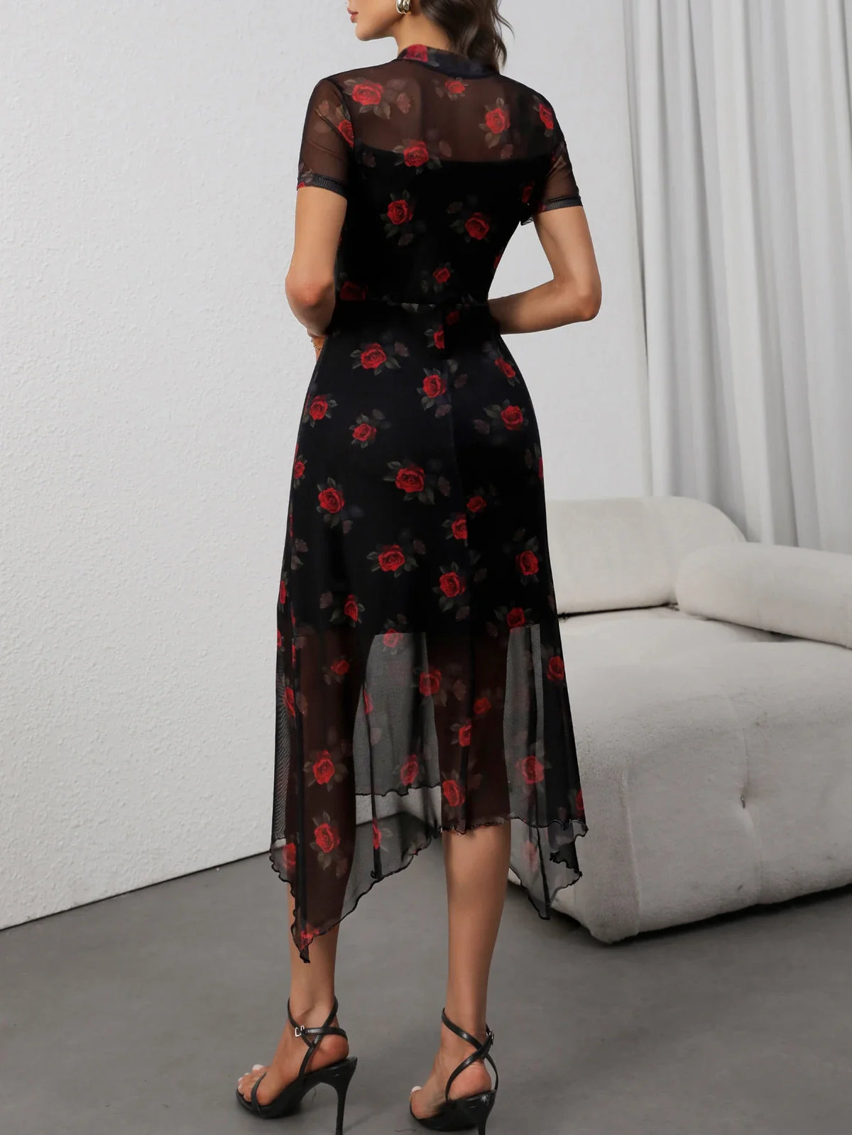 Floral Maxi Dress – Short Sleeve Fitted Dress with High Neck, Side Slit and Flowing Silhouette for Vacations, Brunch & Summer Outings