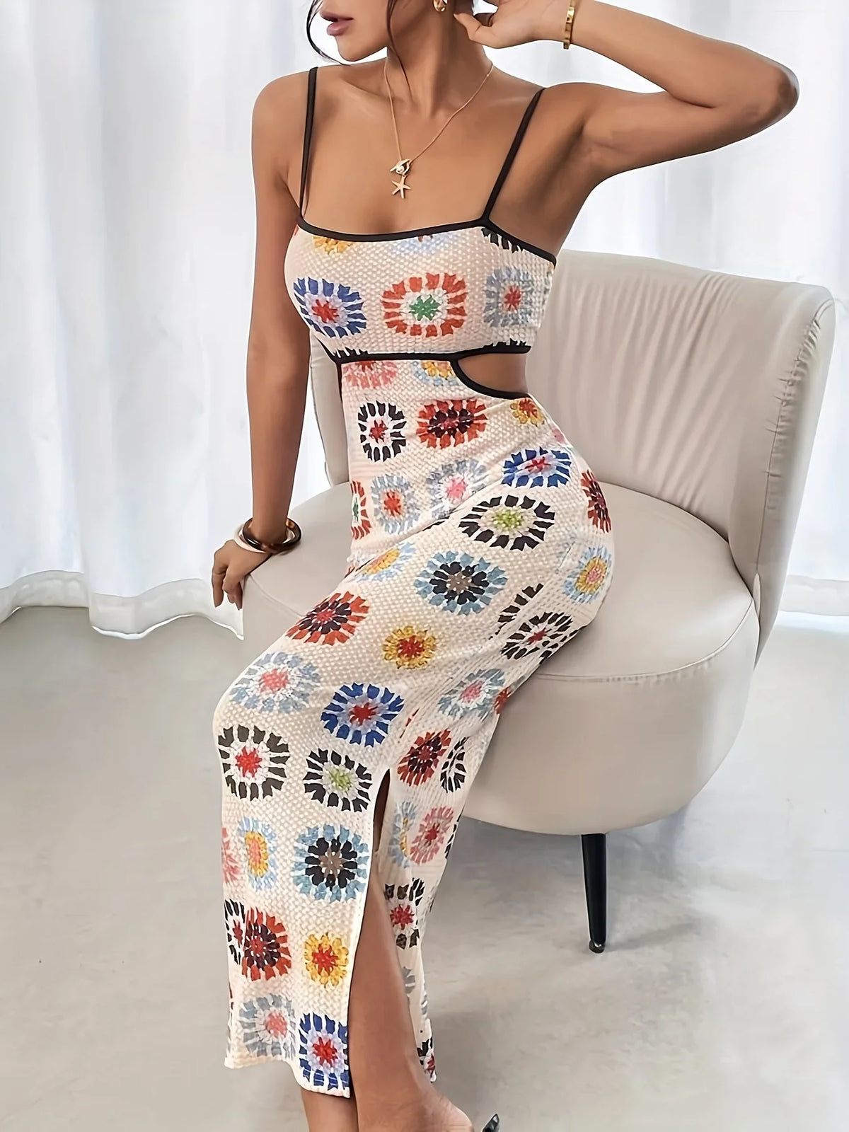 Boho Printed Midi Dress – Spaghetti Strap Square Neck Dress with Geometric Pattern and Straight Silhouette for Vacations, Brunch & Summer Outings