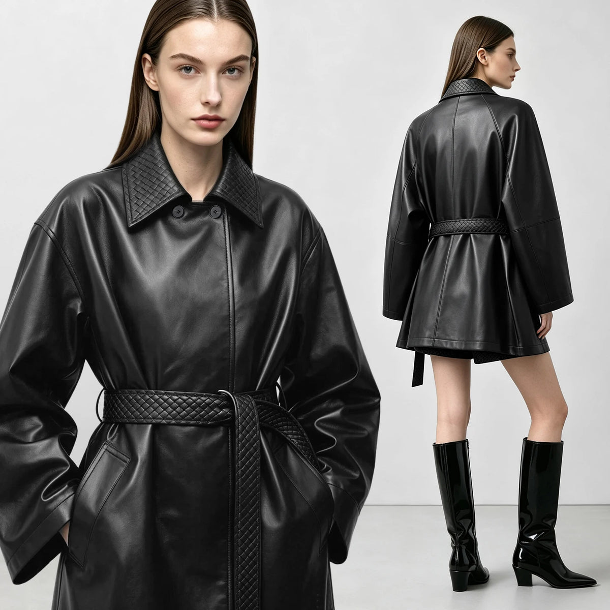 Faux Leather Trench Coat, Belted Double-Breasted Jacket with Wide Lapels and Longline Silhouette, Chic Statement Outerwear