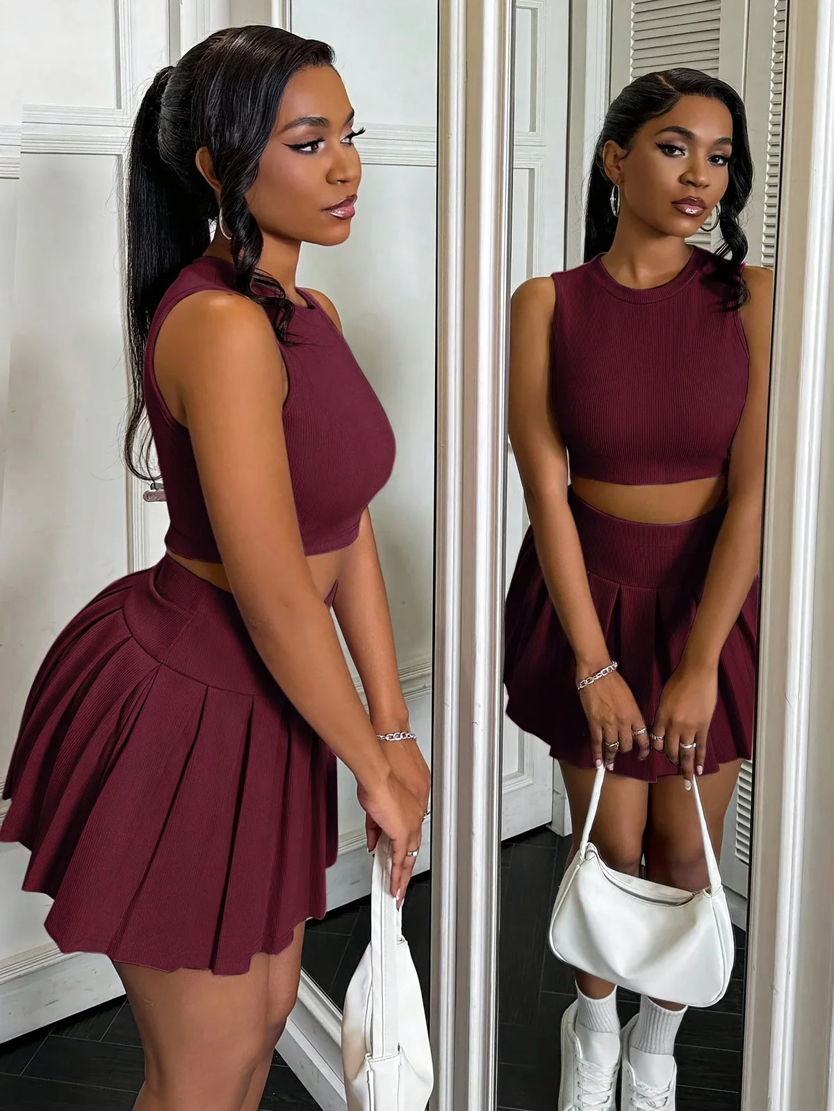 Sleeveless Crop Top & Pleated Mini Skirt Co-Ord Set | Sporty Two Piece Skater Outfit | Casual Tennis Style Matching Set