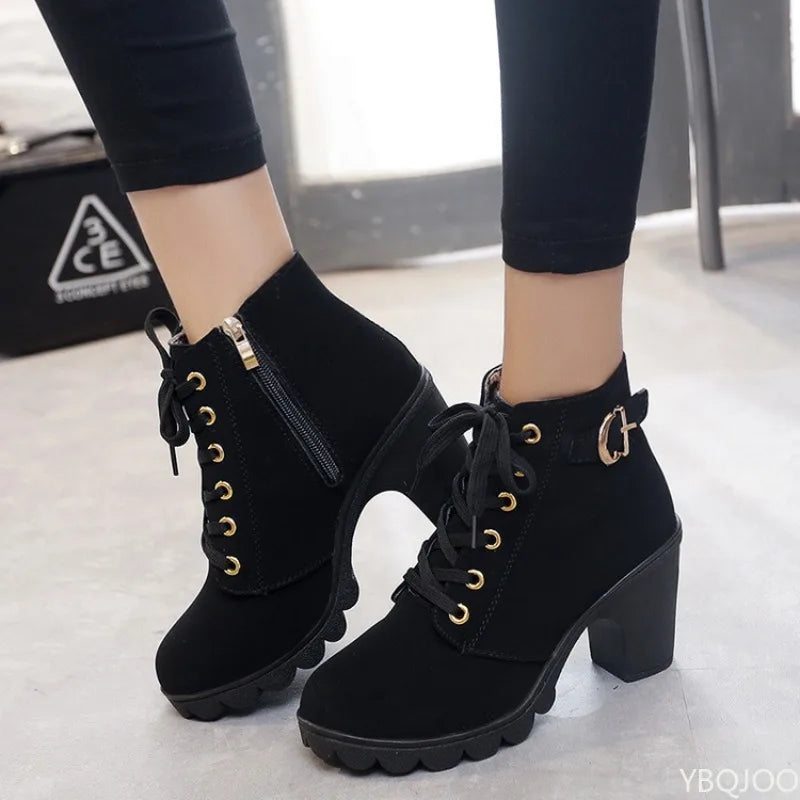 Women's Lace-Up Platform Ankle Boots – Chunky Block Heel Combat Boots with Side Zipper for Casual, Party & Winter Wear