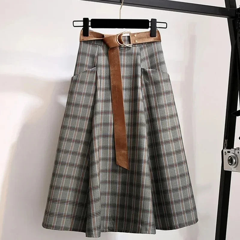 High Waisted Plaid A Line Midi Skirt Pleated Tartan Skirt Belted Flared Skirt Preppy Vintage Inspired Casual Wear