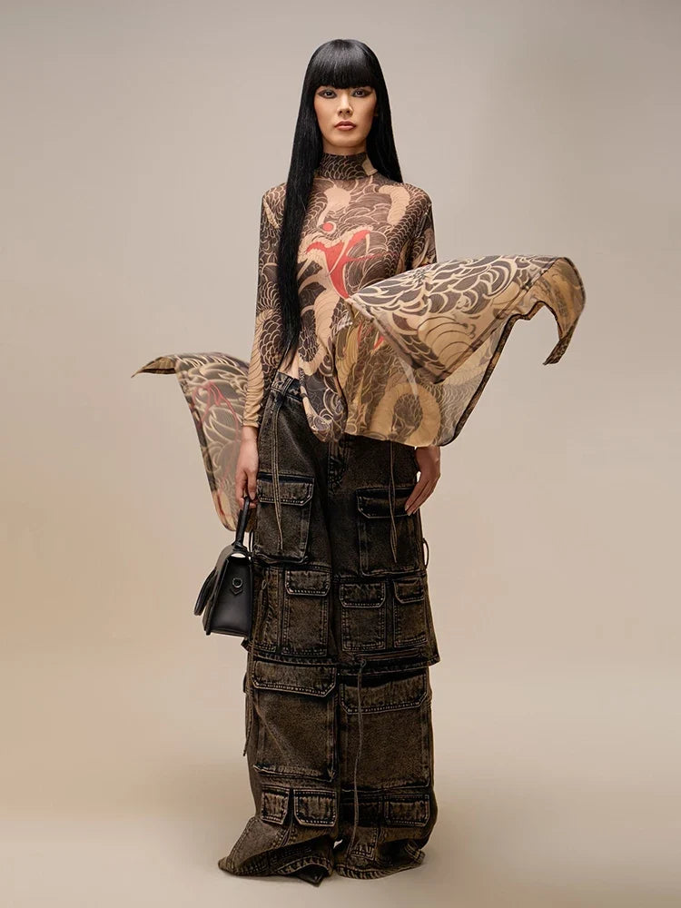 Artistic Print Maxi Dress – Long Sleeve High Neck Bodycon Gown with Full-Length Silhouette and Intricate Pattern for Evening Events & Parties