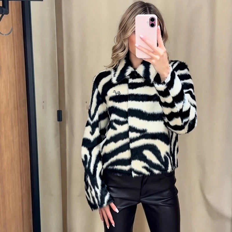 Zebra Print Jacket, Faux Fur Button Front Coat with Classic Collar and Relaxed Fit, Chic Statement Winter Outerwear