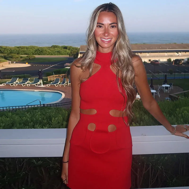 Cutout Maxi Dress – Sleeveless High Neck Bodycon Dress with Waist and Shoulder Cutout Details for Resort Wear, Parties & Events