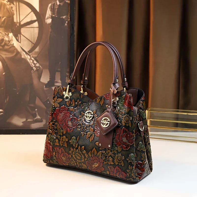 Vintage Floral Satchel Handbag, Embroidered Top Handle Purse with Decorative Charms, Structured Shoulder & Crossbody Bag for Travel & Everyday Use
