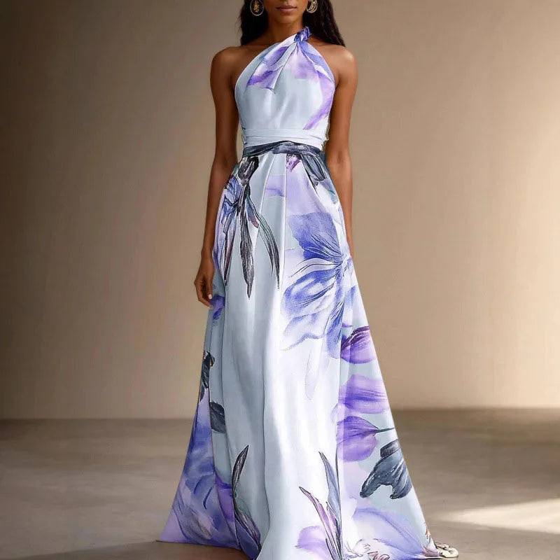Floral Halter Maxi Dress – Tie Neck A-Line Dress with Fitted Waist and Flowing Skirt for Vacations, Weddings, Brunch & Summer Events