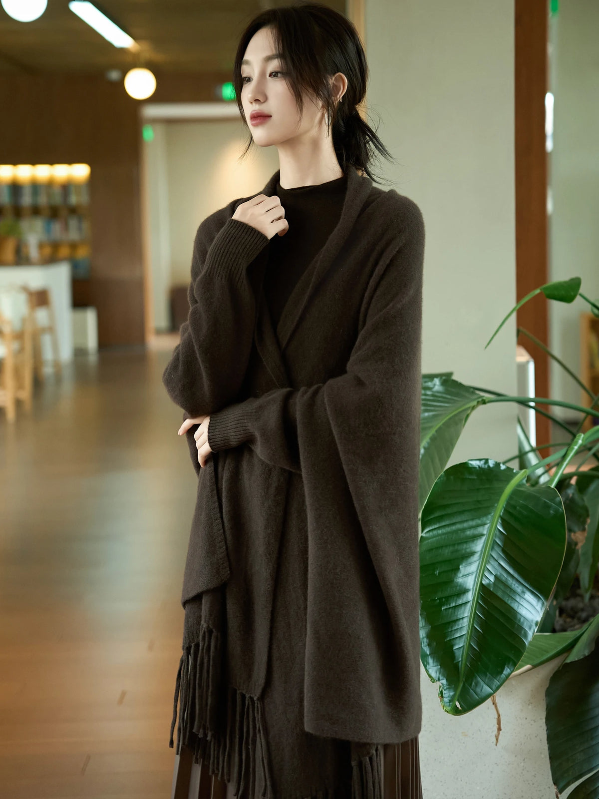 Women's Oversized Scarf Wrap, Solid Color Long Shawl with Fringed Ends, Neutral Winter Scarf for Women