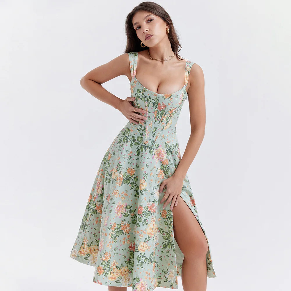 Floral Midi Dress – Spaghetti Strap A-Line Dress with Fitted Bodice, Side Slit and Romantic Floral Print for Vacations & Summer Events