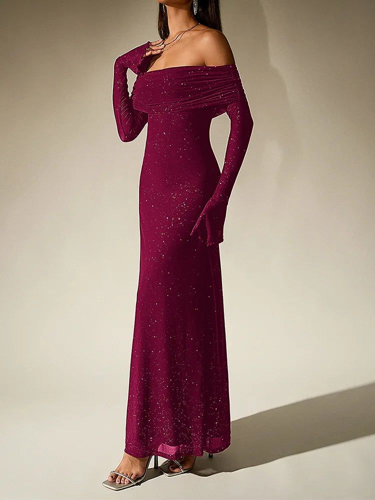 Glitter Off Shoulder Maxi Dress – Long Sleeve Mermaid Gown with Draped Neckline, Flared Cuffs and Sparkling Evening Finish