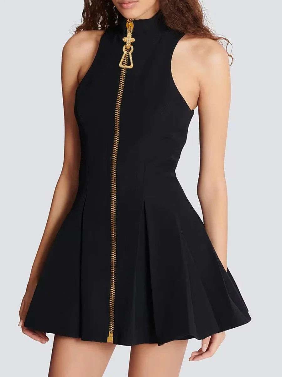 Halter Mini Dress – Sleeveless High Neck Dress with Front Zipper, Fitted Bodice and Flared A-Line Skirt for Parties & Evening Outings