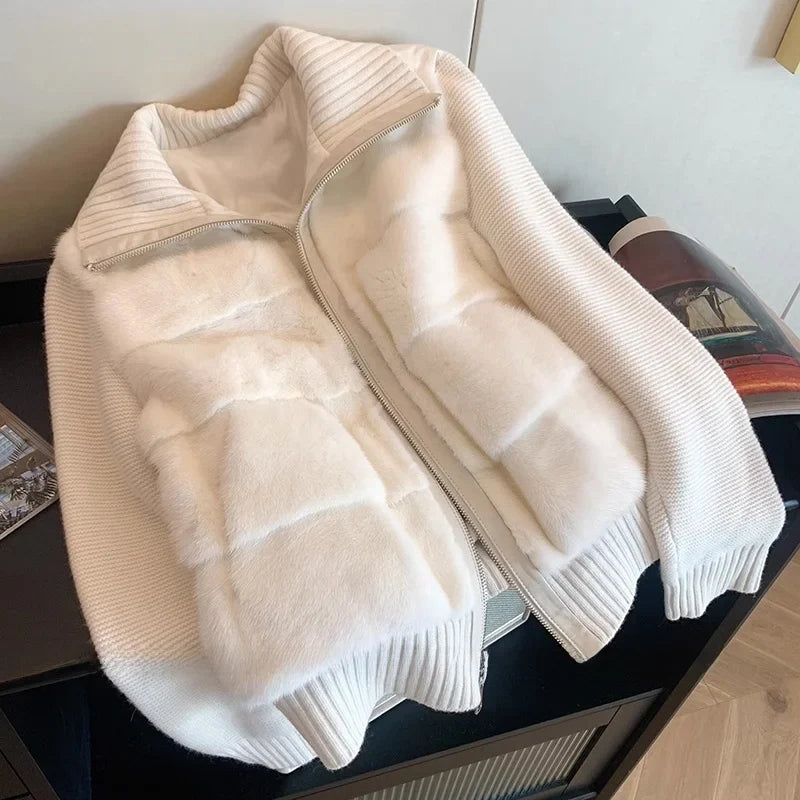 Faux Fur Panel Knit Jacket, Zip-Up Cardigan with Ribbed Collar and Cuffs, Cozy Winter Layering Outerwear