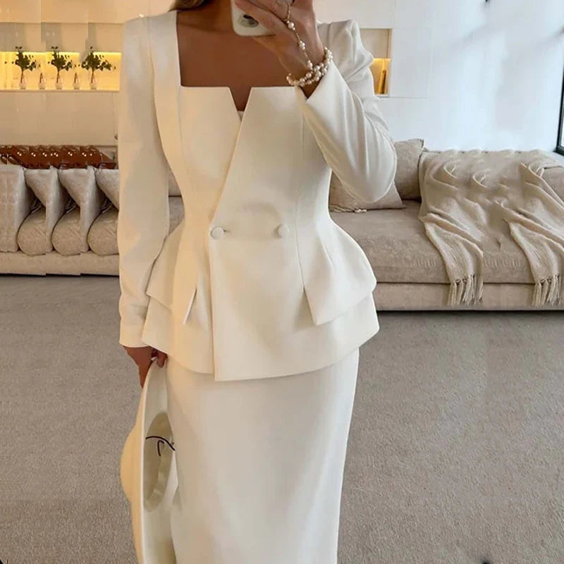 Double-Breasted Blazer & Tailored Trousers Co-Ord Set | Structured Long Sleeve Suit Outfit | Elegant Office & Formal Two Piece Set