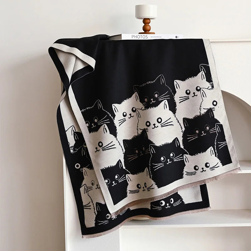 Cute Cat Print Scarf, Playful Feline Pattern Shawl Wrap, Artistic Neck Scarf with Decorative Border