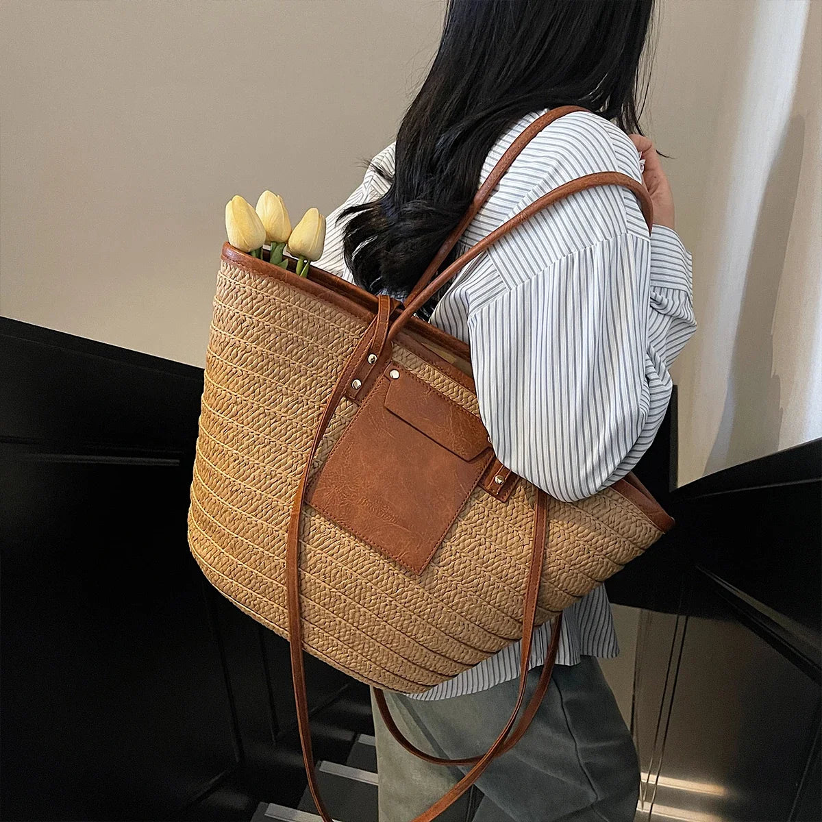 Straw Tote Bag, Woven Beach Handbag with Genuine Leather Accents, Large Summer Shoulder Bag with Long Handles & Crossbody Strap