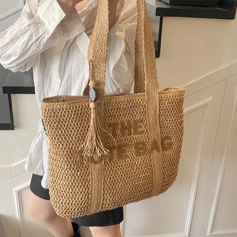Woven Straw Tote Bag, Boho Beach Shoulder Bag, Large Casual Summer Handbag with Long Handles for Travel, Shopping & Everyday Use