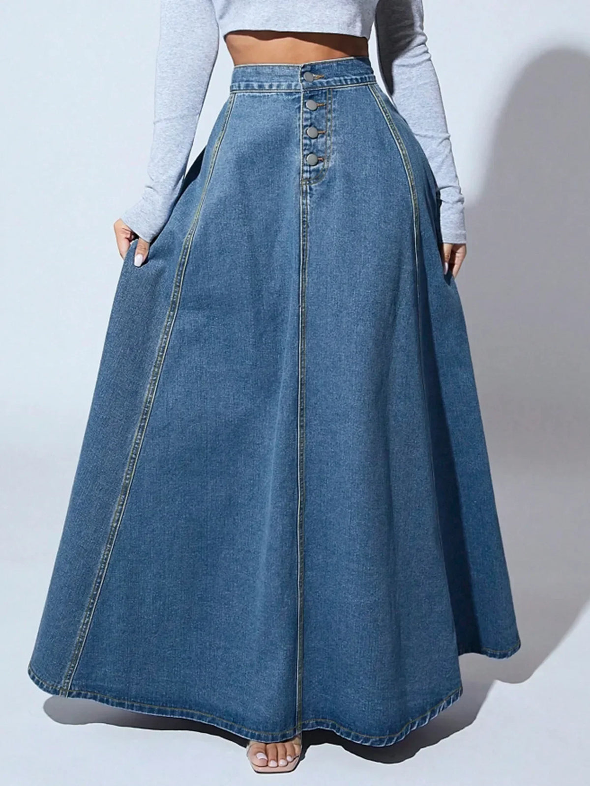 High Waisted Denim Maxi Skirt A Line Long Jean Skirt Flared Full Length Panelled Casual Streetwear Vintage Inspired