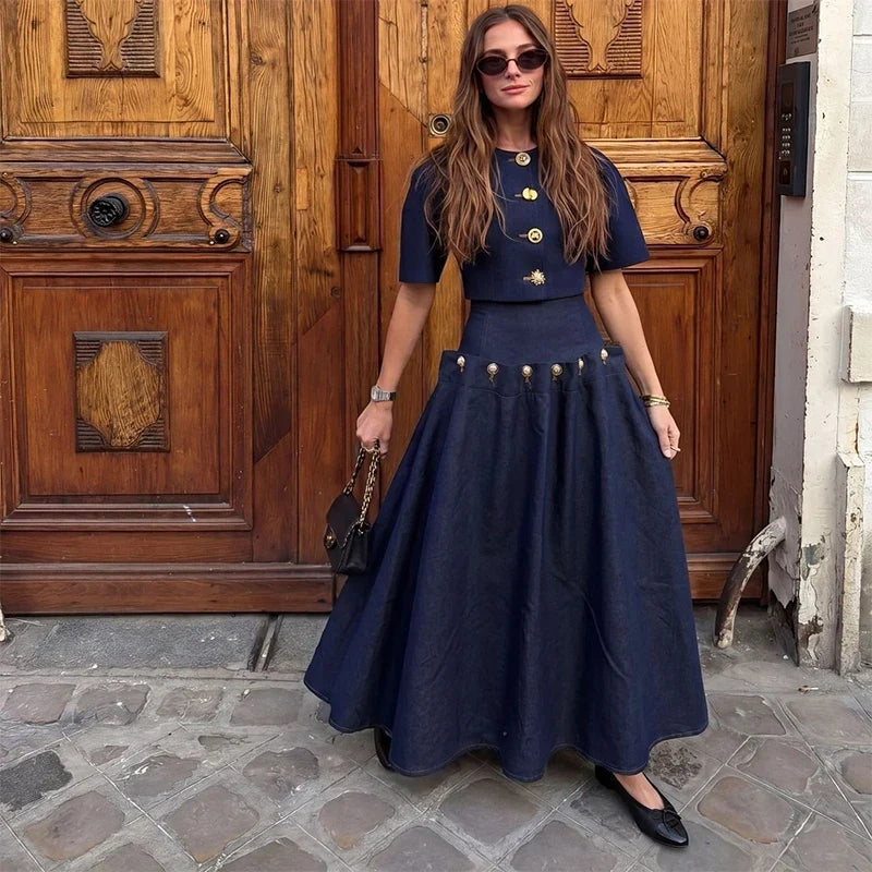 Button Detail Crop Top & Pleated Maxi Skirt Co-Ord Set | Short Sleeve Two Piece Outfit | Elegant Vintage Inspired Matching Set