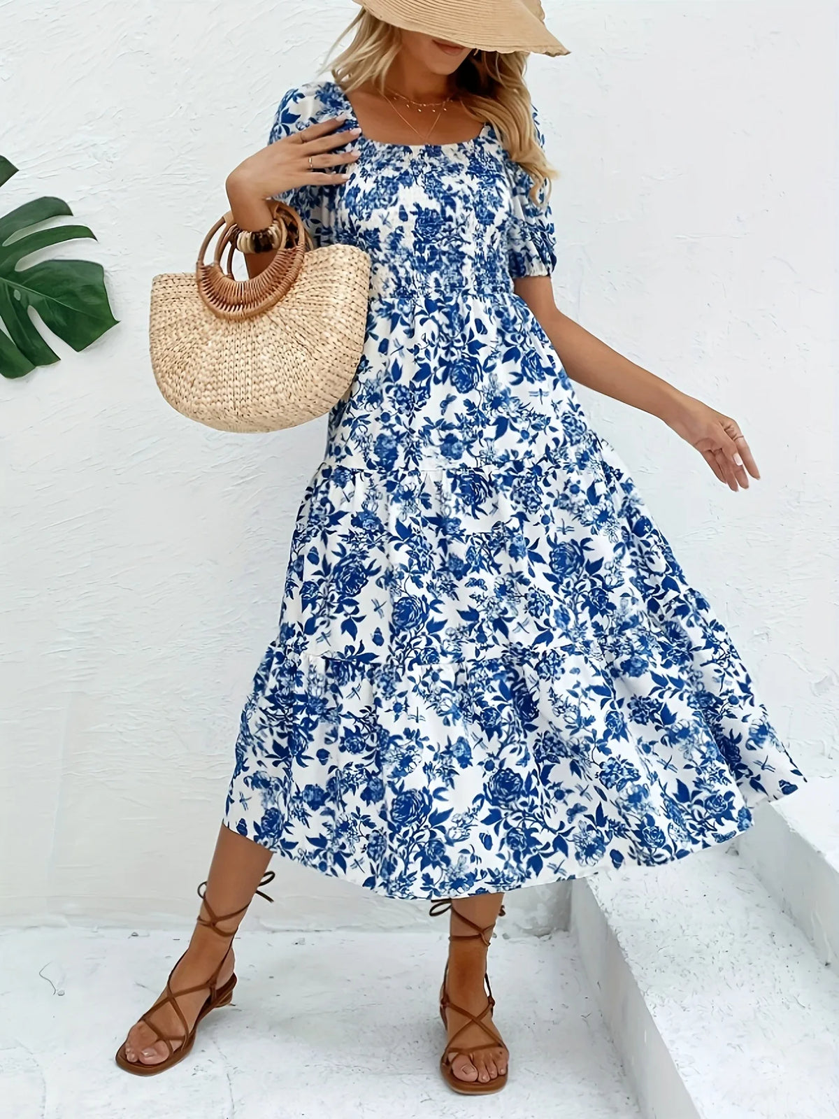 Floral Midi Dress – Off Shoulder Short Sleeve Dress with Fitted Bodice, Defined Waist and Flared Skirt for Vacations, Brunch & Summer Events