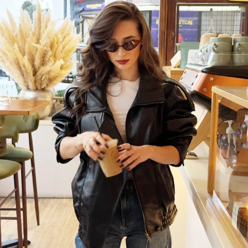 Women's Oversized Faux Leather Jacket, Relaxed Fit Biker-Inspired Jacket, Long Sleeve Zip-Up Fall Winter Outerwear