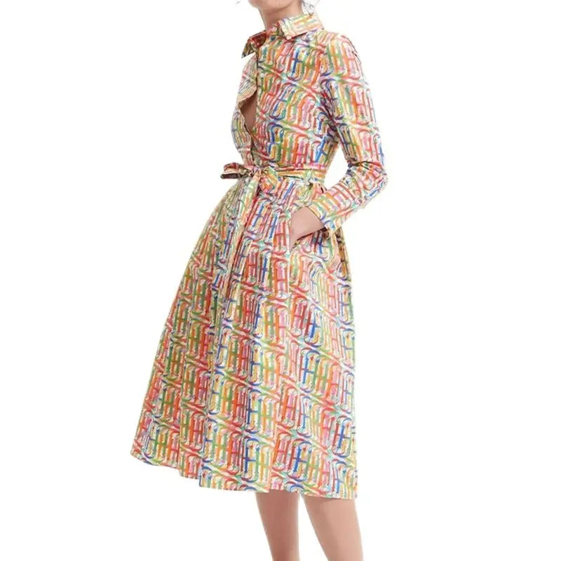 Printed Midi Dress – Long Sleeve High Neck A-Line Dress with Defined Waist, Button Front and Flared Skirt for Brunch, Vacations & Events