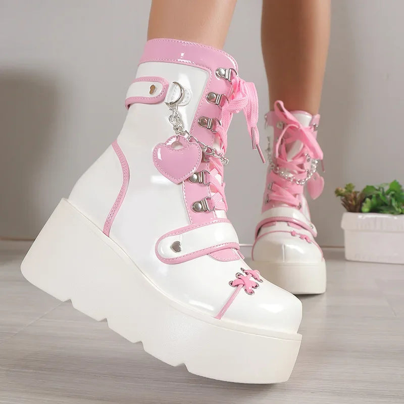 Platform Ankle Boots | Lace Up Chunky Sole Booties | Embellished Fashion Boots