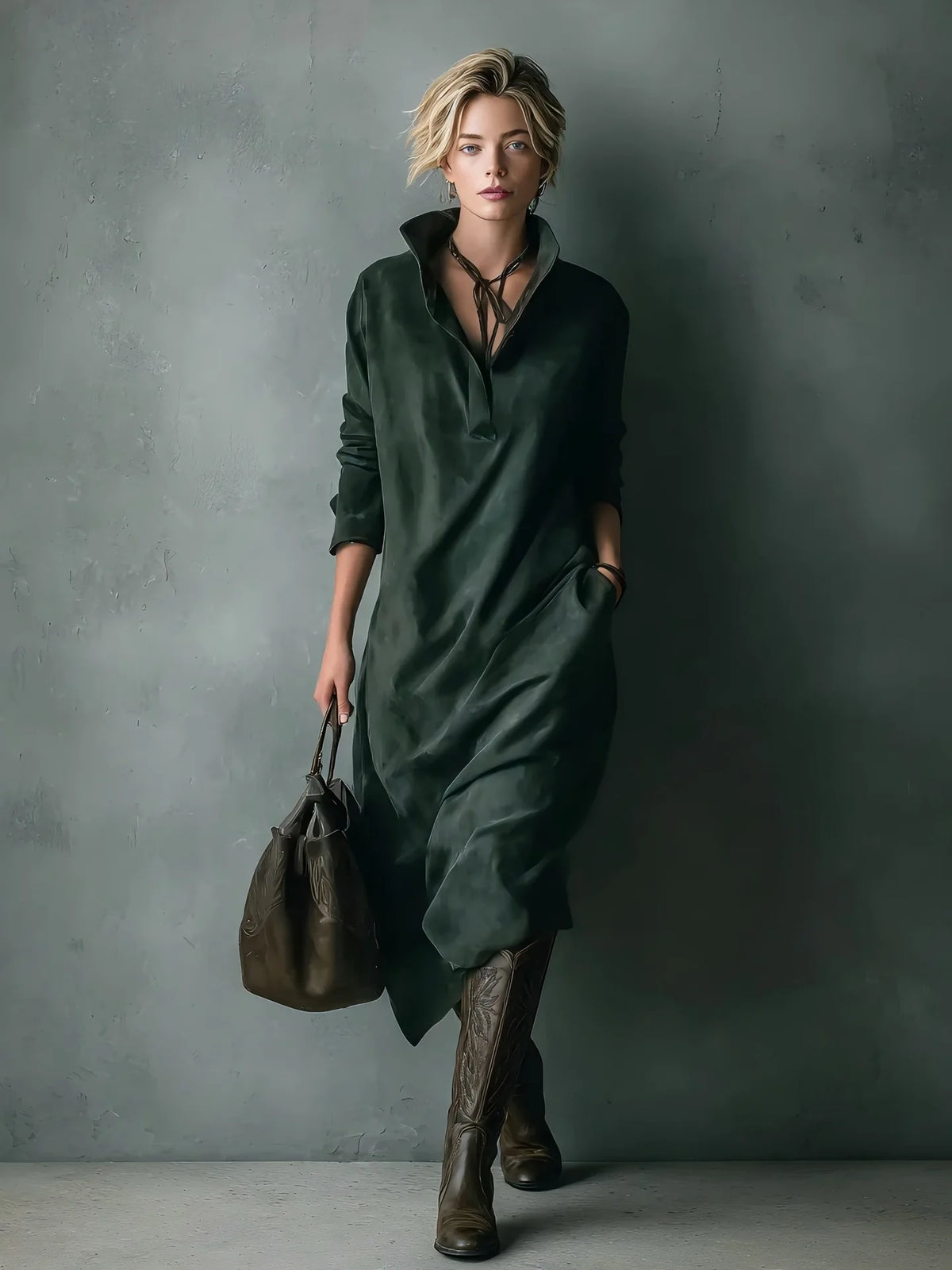 Satin Shirt Midi Dress – Long Sleeve Draped Dress with Collared Neck, Relaxed Silhouette and Elegant Everyday Style