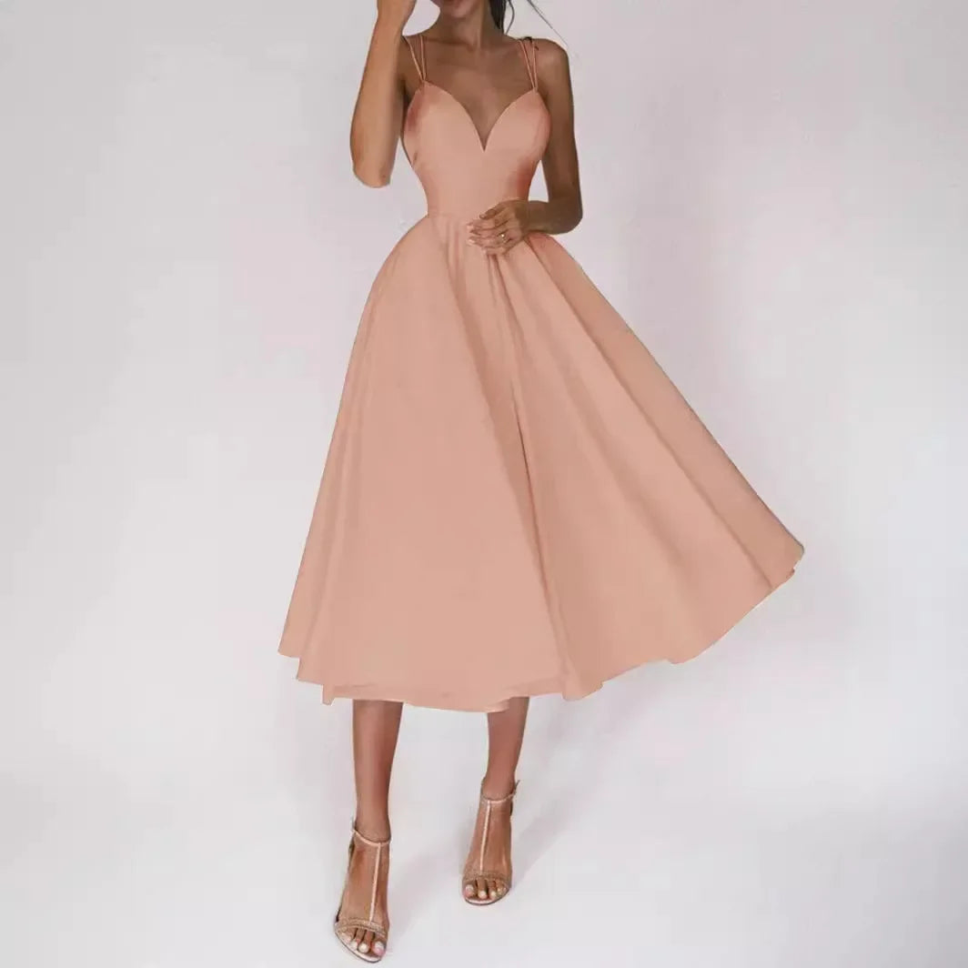 Elegant A-Line Midi Dress – Sleeveless Fitted Bodice Dress with Flared Full Skirt for Weddings, Bridal Events, Brunch & Special Occasions