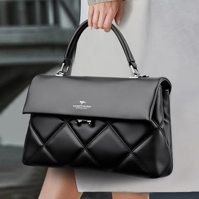 Quilted Flap Handbag, Elegant Structured Top Handle Purse, Padded Shoulder & Crossbody Bag with Magnetic Closure for Work, Dates & Everyday Use