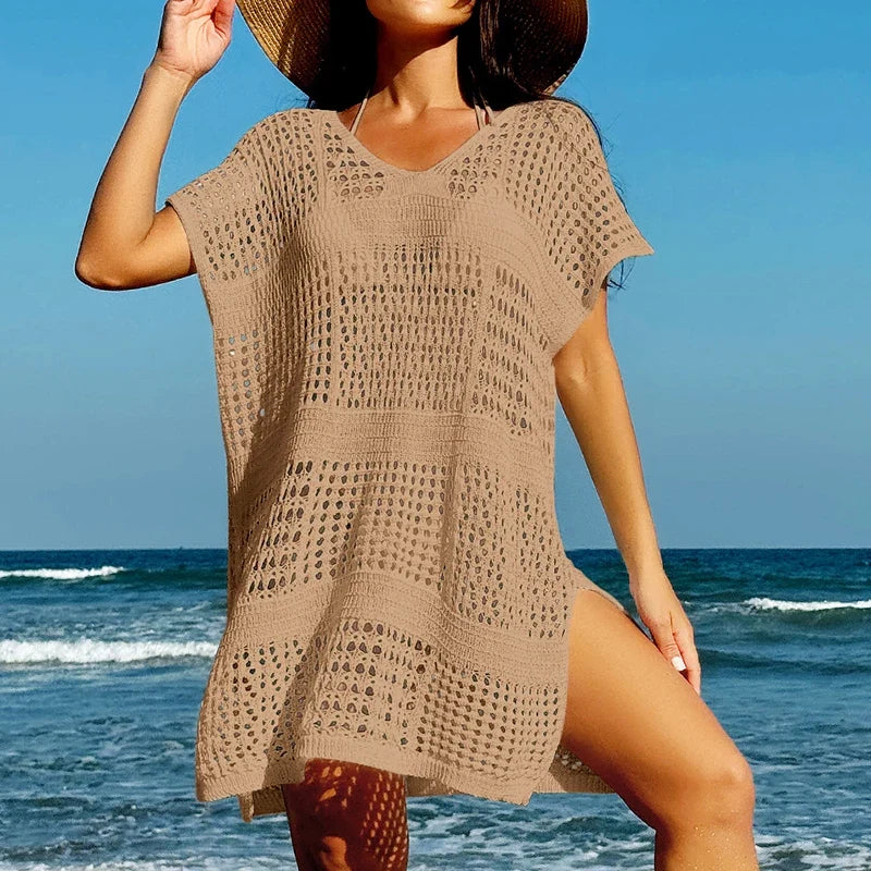 Crochet Beach Cover Up Dress – Short Sleeve V-Neck Mini Dress with Open Knit Design, Relaxed Fit and Lightweight Resort Style for Vacation