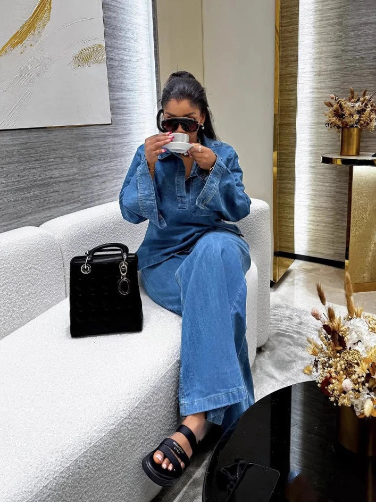 Denim Shirt & Wide Leg Pants Co-Ord Set | Long Sleeve Button Front Two Piece Outfit | Chic Casual Travel & Everyday Matching Set