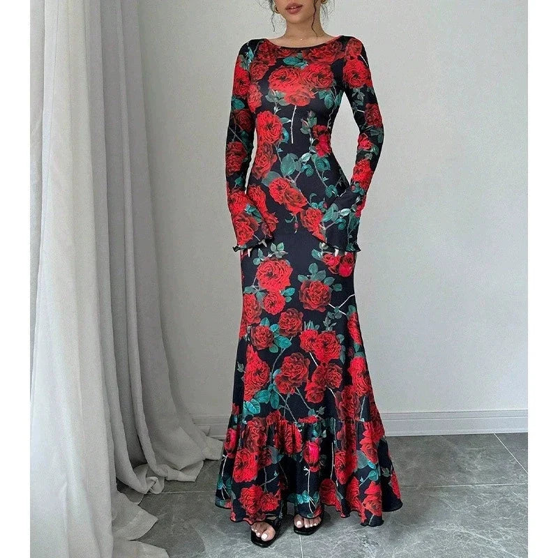 Floral Mermaid Maxi Dress – Long Sleeve Scoop Neck Bodycon Gown with Fitted Silhouette and Flared Hem for Weddings & Evening Events