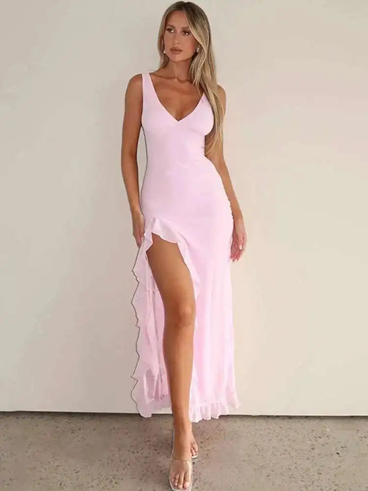 Asymmetrical Maxi Dress – V-Neck Sleeveless Bodycon Dress with High Side Slit and Ruffle Hem for Weddings, Date Nights & Parties