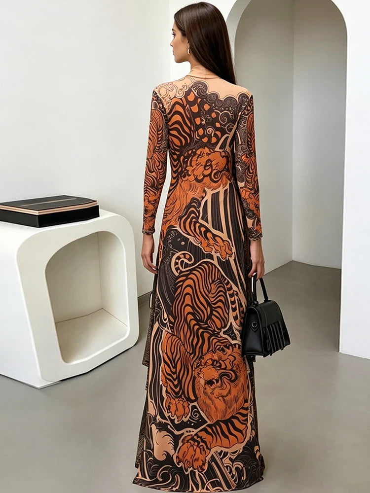 Printed Maxi Dress – Long Sleeve V-Neck Bodycon Gown with Artistic Pattern and Floor-Length Silhouette for Weddings, Galas & Evening Events