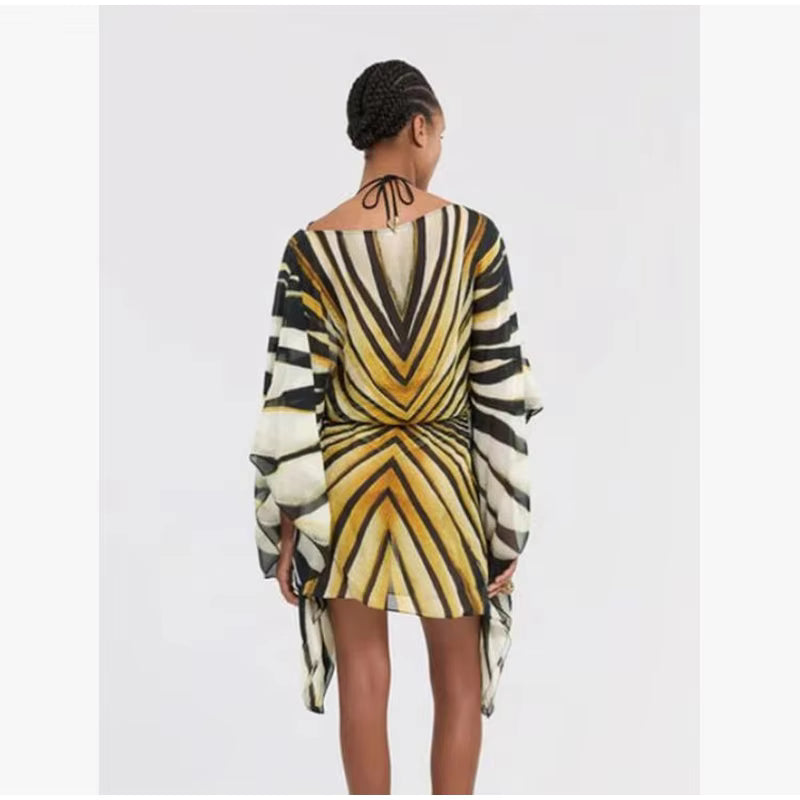 Printed Kaftan Mini Dress – Batwing Sleeve Tunic with Geometric Chevron Pattern, Adjustable Waist Tie and Flowing Asymmetrical Hem