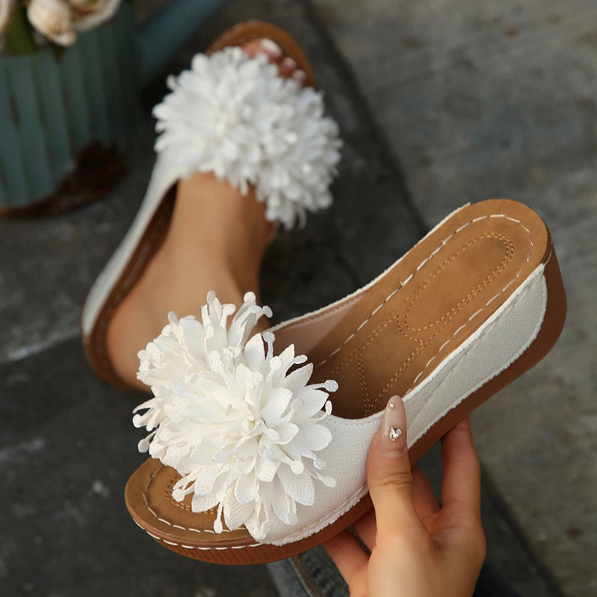 Floral Platform Sandals | Flower Embellished Wedge Slides | Open Toe Summer Vacation Shoes