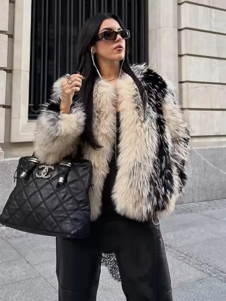 Faux Fur Cropped Jacket, Plush Textured Coat with Oversized Sleeves and Relaxed Fit, Glamorous Winter Statement Outerwear