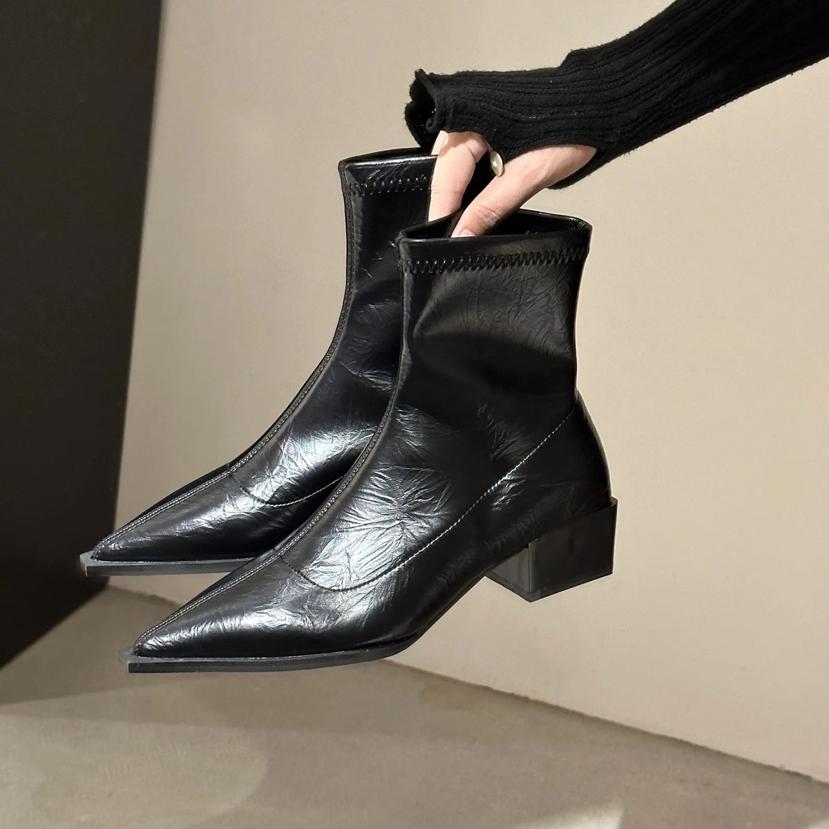Metallic Pointed Toe Ankle Boots | Low Block Heel Booties | Modern Statement Fashion Boots