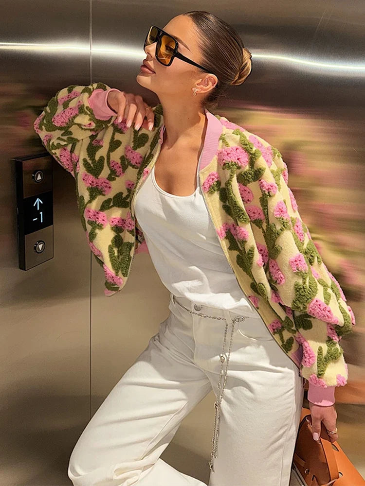 Floral Textured Fleece Jacket, Oversized Plush Zip-Up Jacket with 3D Flower Embroidery, Cozy Statement Winter Outerwear