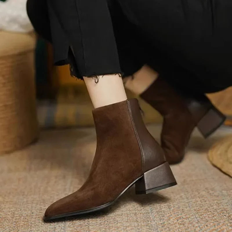 Pointed Toe Chelsea Ankle Boots | Low Block Heel Booties | Minimalist Slip-On Dress Shoes