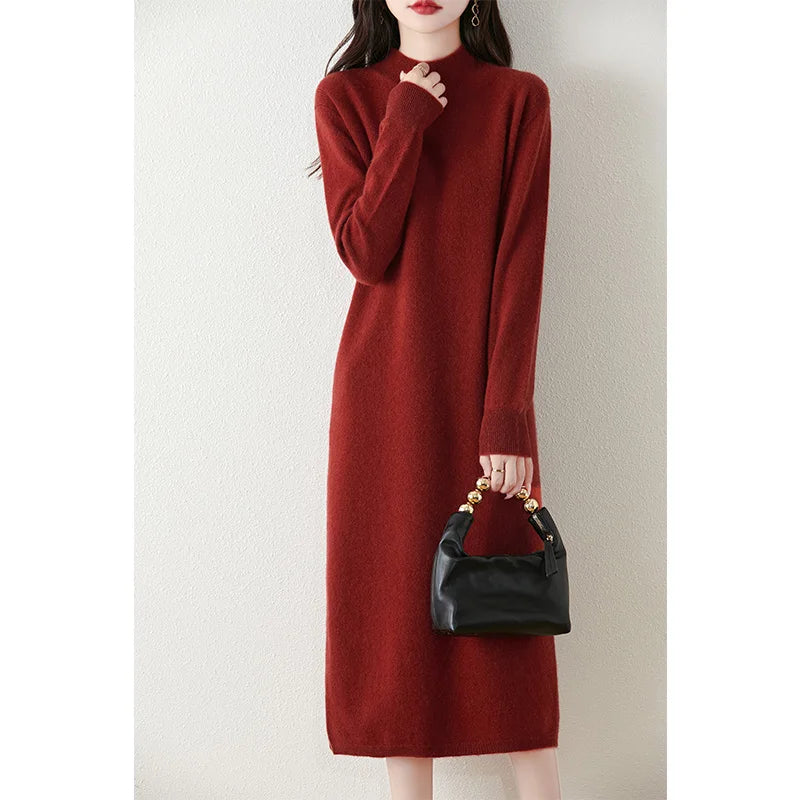 Long Sleeve Midi Dress – High Neck Ribbed Knit Dress with Slim Fit Silhouette, Stretch Fabric and Elegant Minimalist Design for Fall