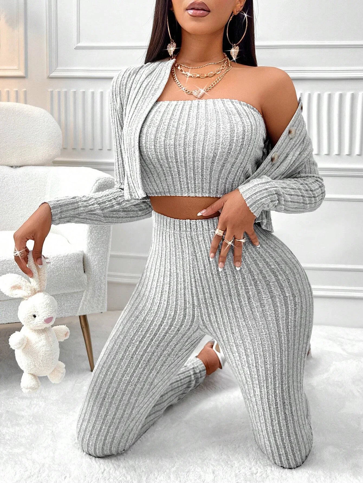 Ribbed Crop Cami Top & Wide Leg Pants Co-Ord Set with Cardigan | Three Piece Knit Matching Outfit | Chic Casual Loungewear