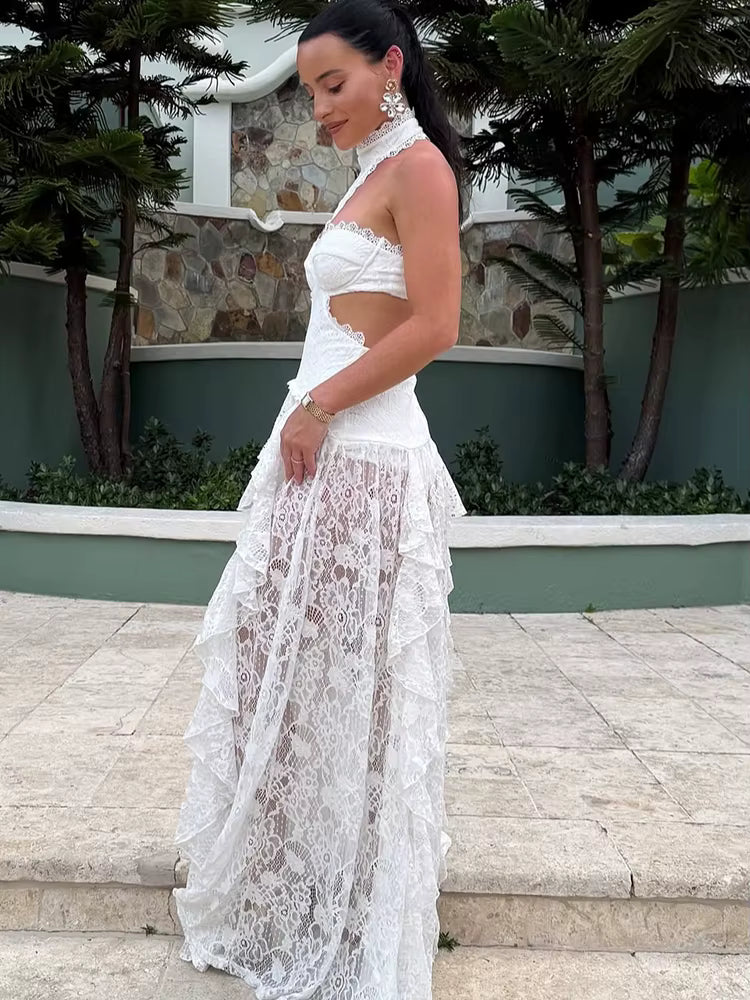 Lace Halter Maxi Dress – Strapless Corset Gown with High Neck Scarf, Floral Lace Overlay, Tiered Skirt and Elegant Floor-Length Design