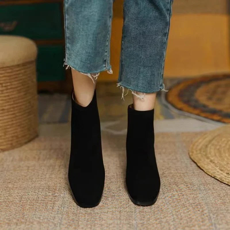 Pointed Toe Chelsea Ankle Boots | Low Block Heel Booties | Minimalist Slip-On Dress Shoes