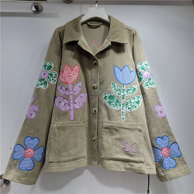 Embroidered Corduroy Utility Jacket, Floral Patchwork Button-Up Jacket with Collared Design, Casual Statement Outerwear