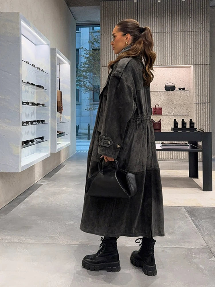 Longline Trench Coat, Belted Faux Leather Coat with Wide Lapels and Relaxed Fit, Elegant Winter Statement Outerwear