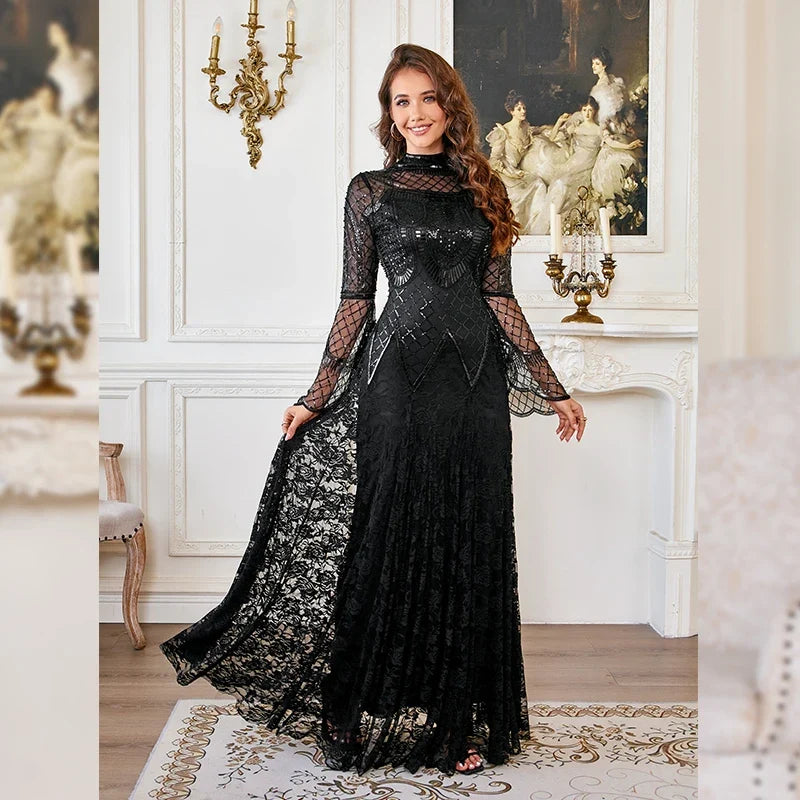 Lace Maxi Dress – Long Sleeve High Neck Evening Gown with Sheer Lace Bodice, Fitted Waist and Flowing Floor-Length Skirt for Formal Events